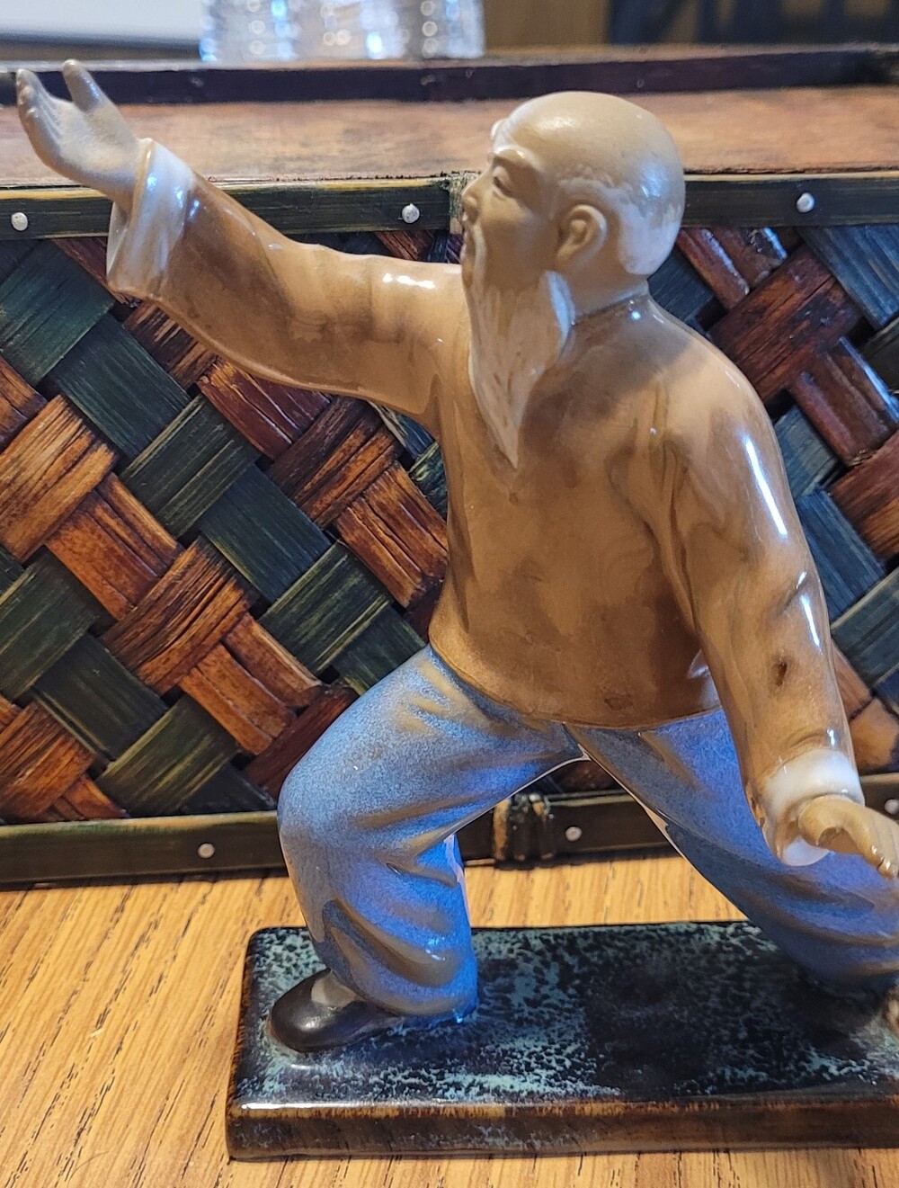 Brown and Blue Ceramic Tai Chi Figurine Home Art Statue Mid Man Vintage